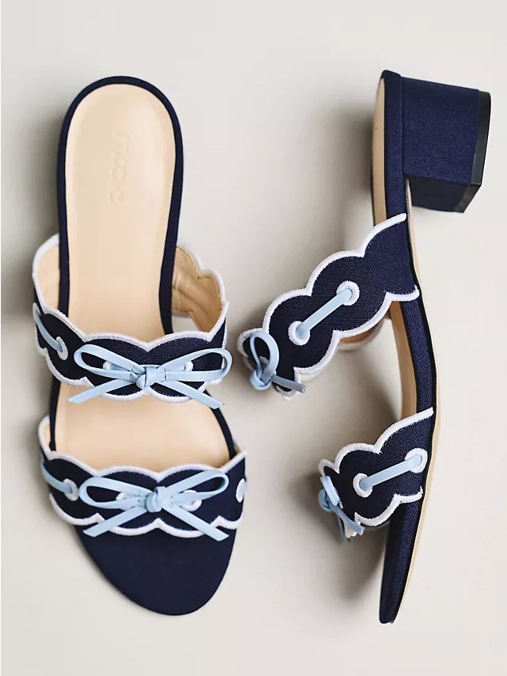 New 7 Anthropologie Maeve bow Scalloped double strap block heels slides denim